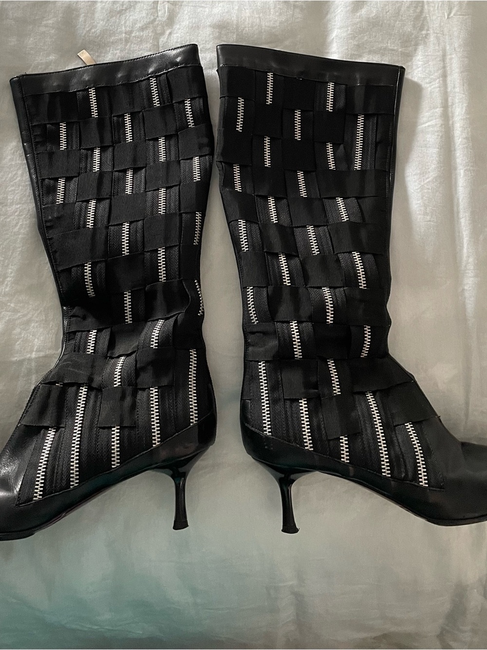 Black Woven leather and chain mid -Calf kitten Heeled Boots